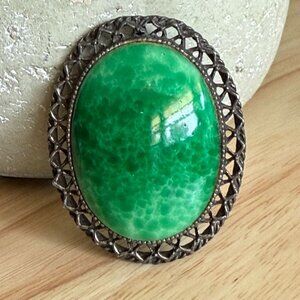 Vintage Czech Peking Glass Brooch/Pendant Silver Filigree Oval 2" Cabochon